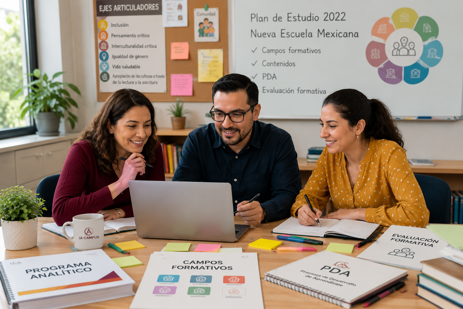Docentes trabajando con IA para planeación educativa